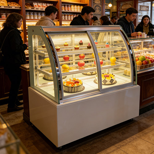 curved glass cake display with front door opening