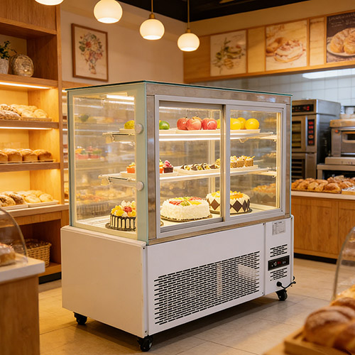 right angle cake display rear door open