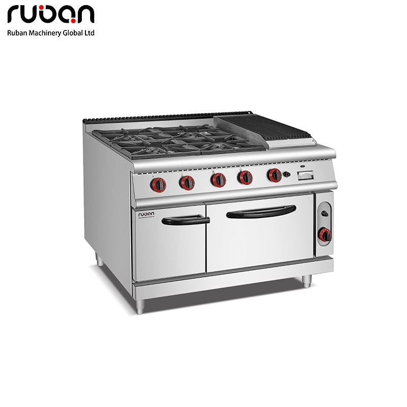 Commercial Kitchen Equipment Stainless Steel 4-Burner Gas Range Oven with Lava Rock Grill Gas Stove with Oven - Ruban