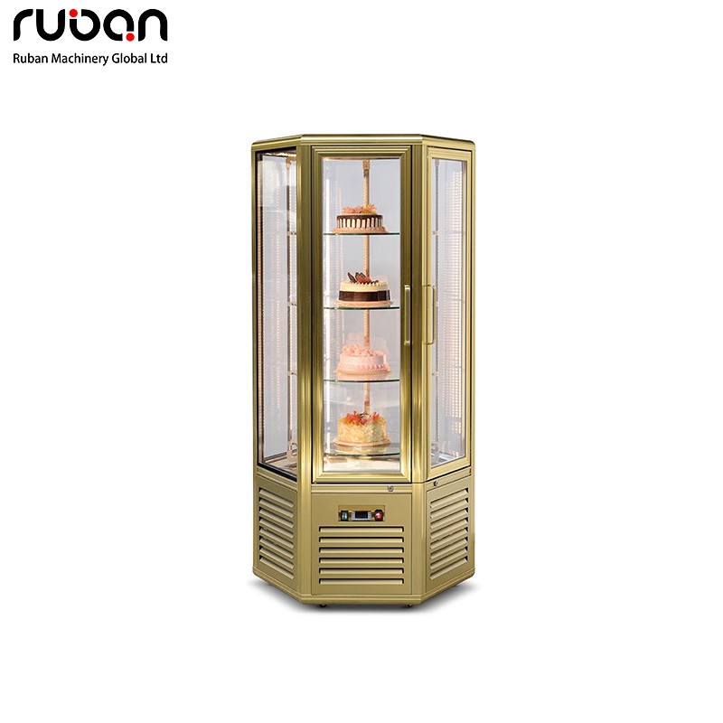 Luxury Hexagonal Rotating Cake Display Case - Commercial Gold Pastry Showcase for Bakery & Cafe - Ruban