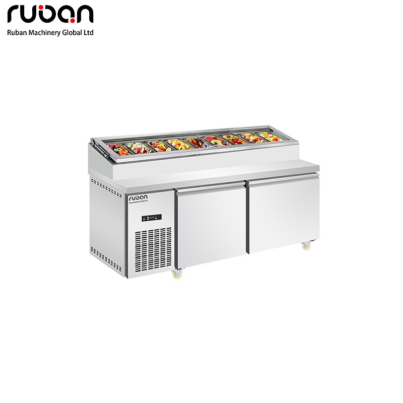 Commercial Double-Temperature Stainless Steel Pizza Prep Station Sandwich Bar Fan Cooling Salad Table Display Refrigerator - Ruban