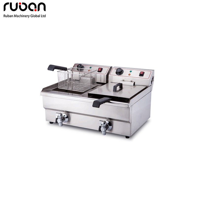 Commercial Double Tank Electric Fryer with Oil Drain for Restaurant Use - Ruban