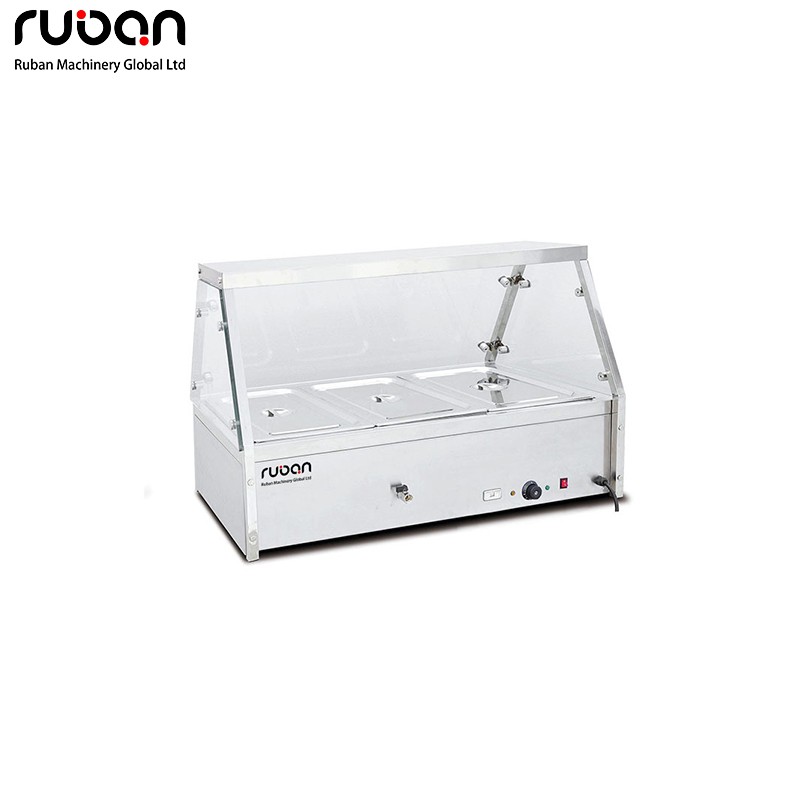 Commercial Electric Bain Marie with Curved Glass Sneeze Guard, Stainless Steel Buffet Food Warmer with Drain Faucet for Restaurant Catering - Ruban