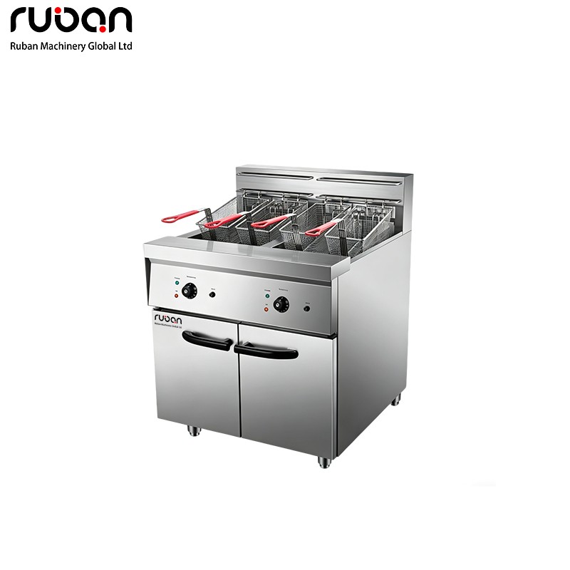 Deluxe Dual Tank Commercial Electric Deep Fryer 4-Basket with Storage Cabinet - Ruban